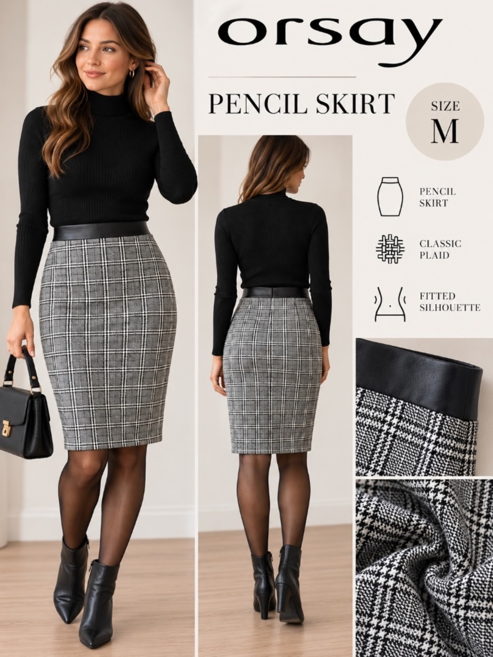 Orsay Plaid Pencil Skirt with Faux Leather Waist – NWT – Size M